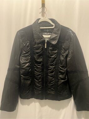 Vintage Y2K Baby Phat Black Leather Ruffle-Front Zip Jacket